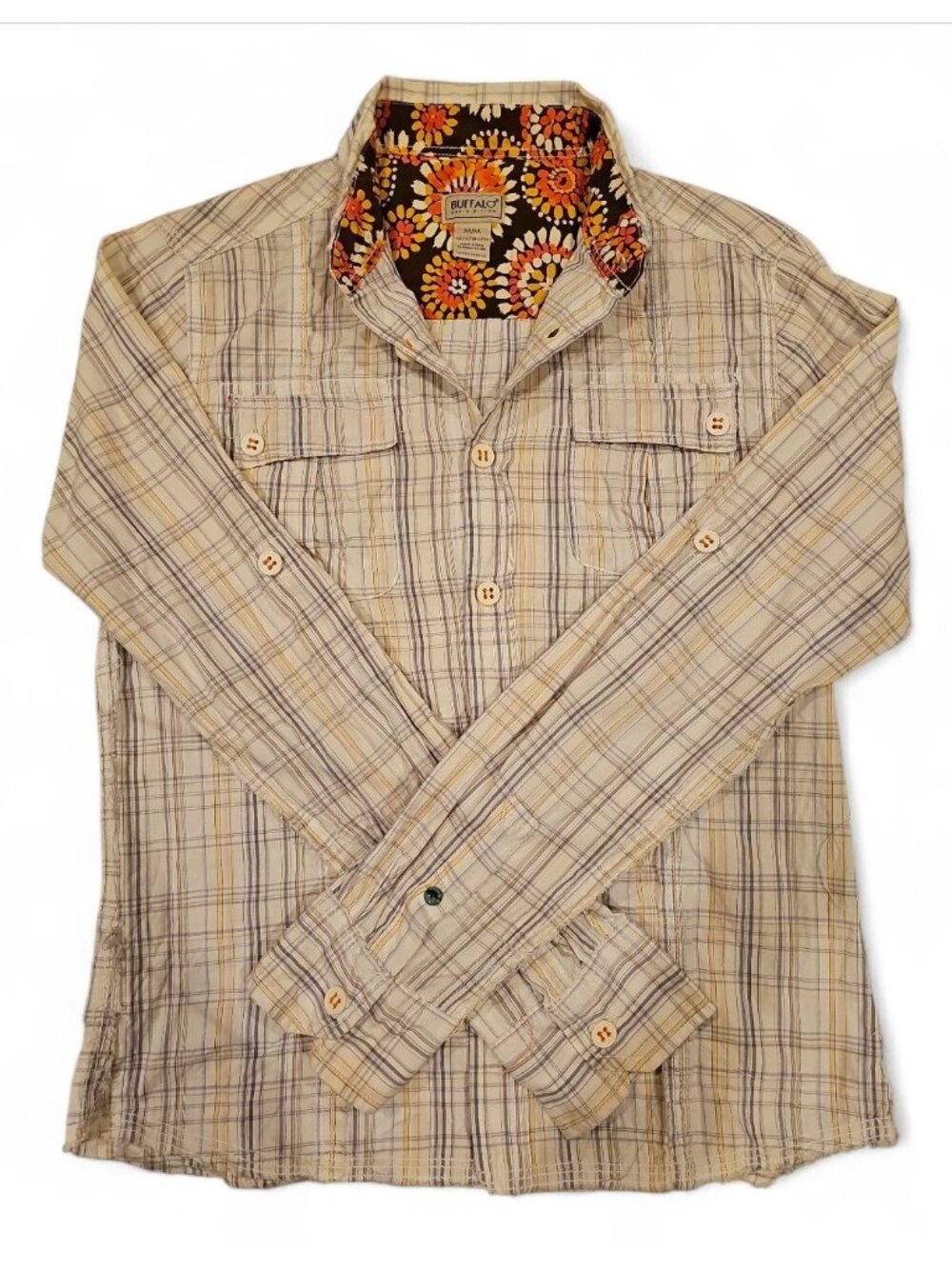 Buffalo David Bitton Plaid Button-Up Shirt M/M Beige & Yellow Cotton Floral Lini